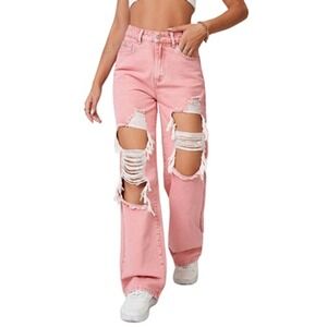 XS‎ Pink Ripped High Waisted Wide Leg Jeans Retro Acid Wash Denim Pants